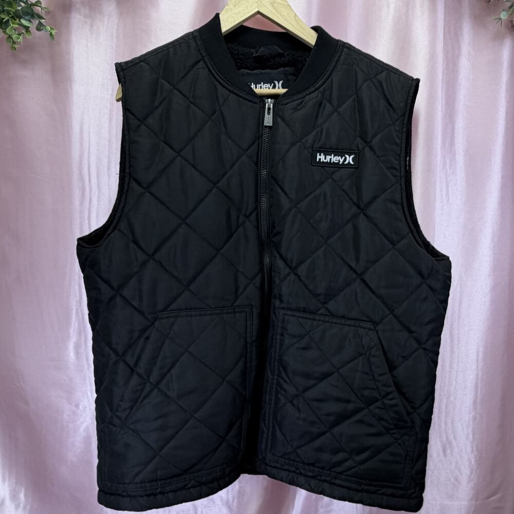 Hurley Men’s L Black Fleece Vest Pockets Full Zip Sleeveless Jacket Quilted
